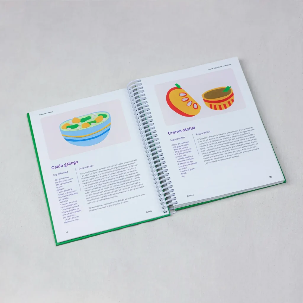 Doble página interior con las recetas ilustradas de "Caldo gallego" y "Crema otoñal", cada una con su dibujo del plato terminado.