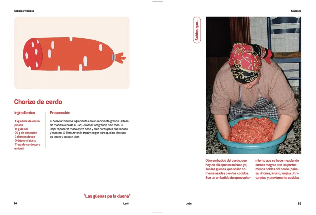 Doble página con la receta ilustrada de "Chorizo de cerdo" a la izquierda y, a la derecha, una fotografía de una mujer con pañuelo en la cabeza amasando carne picada en un barreño durante la matanza.