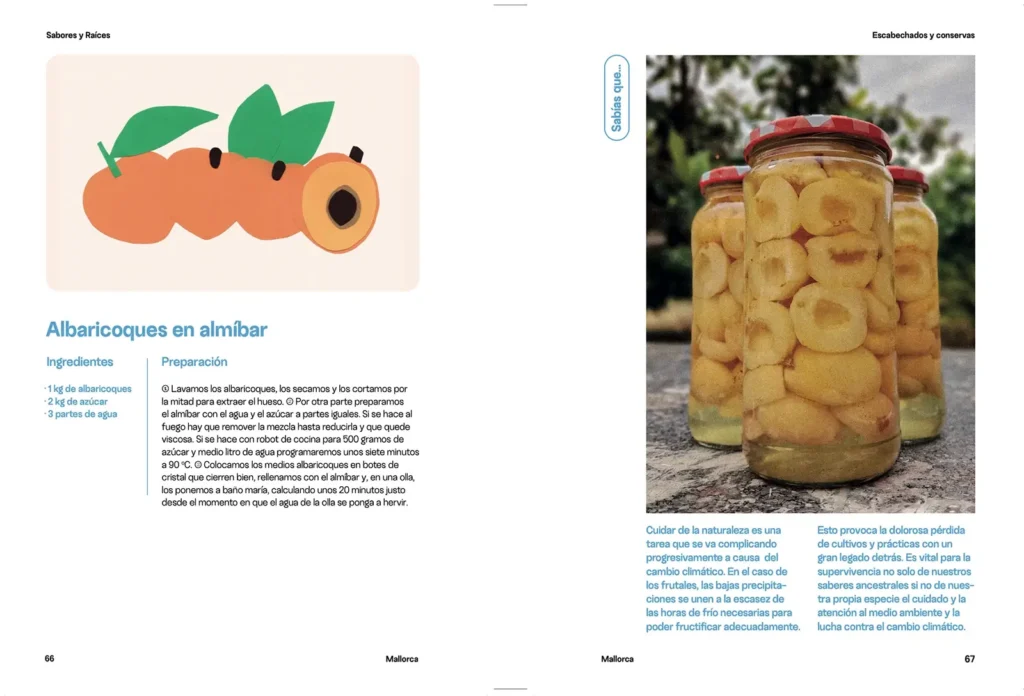Doble página con la receta ilustrada de "Albaricoques en almíbar" a la izquierda y una fotografía de tarros de cristal con albaricoques en almíbar a la derecha.