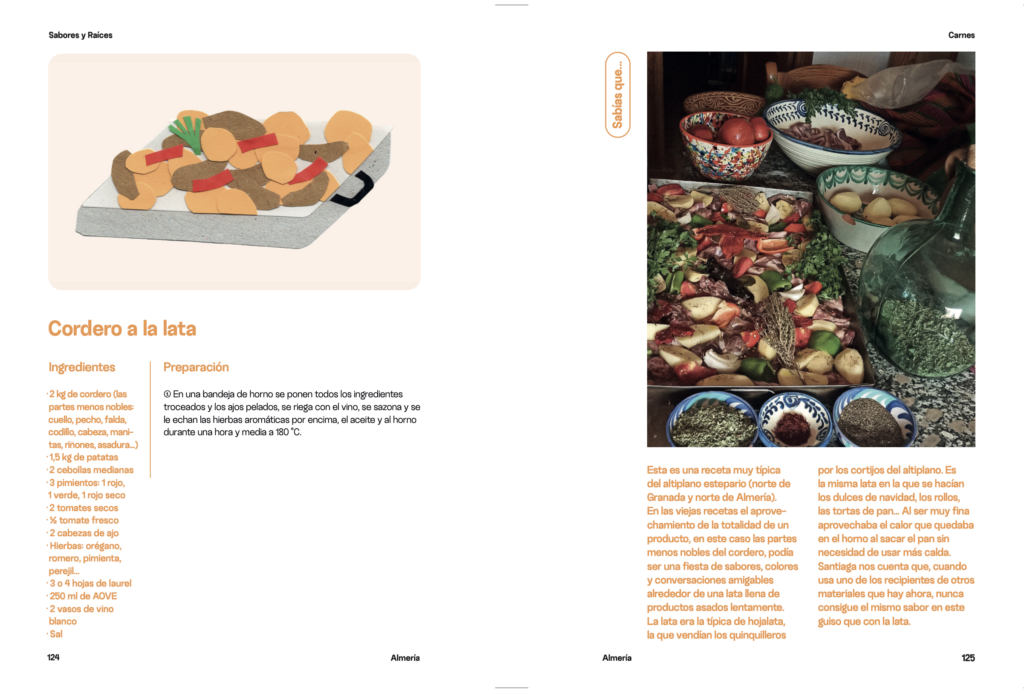Doble página con la receta ilustrada de "Cordero a la lata" a la izquierda y una fotografía de varios cuencos de colores con verduras, carnes y especias preparados para el guiso a la derecha.