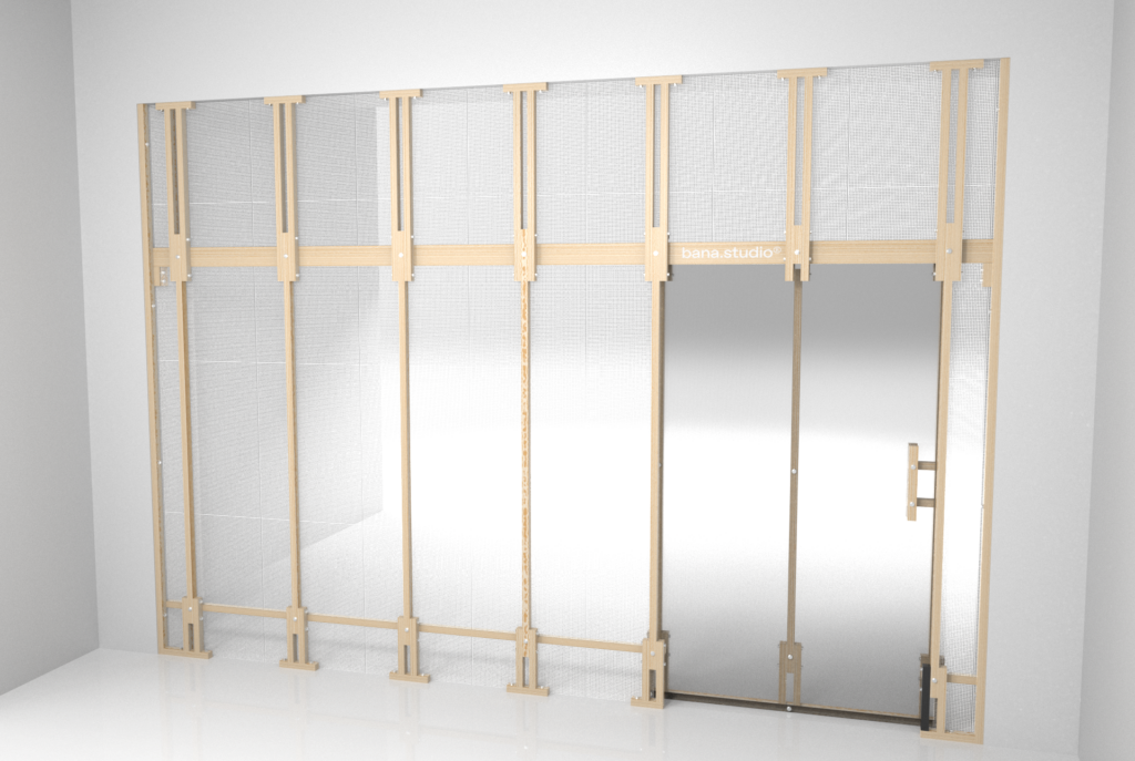 Render 3D de la misma fachada con los paños laterales en una textura de rejilla translúcida, dejando solo la puerta acristalada con acabado reflectante.