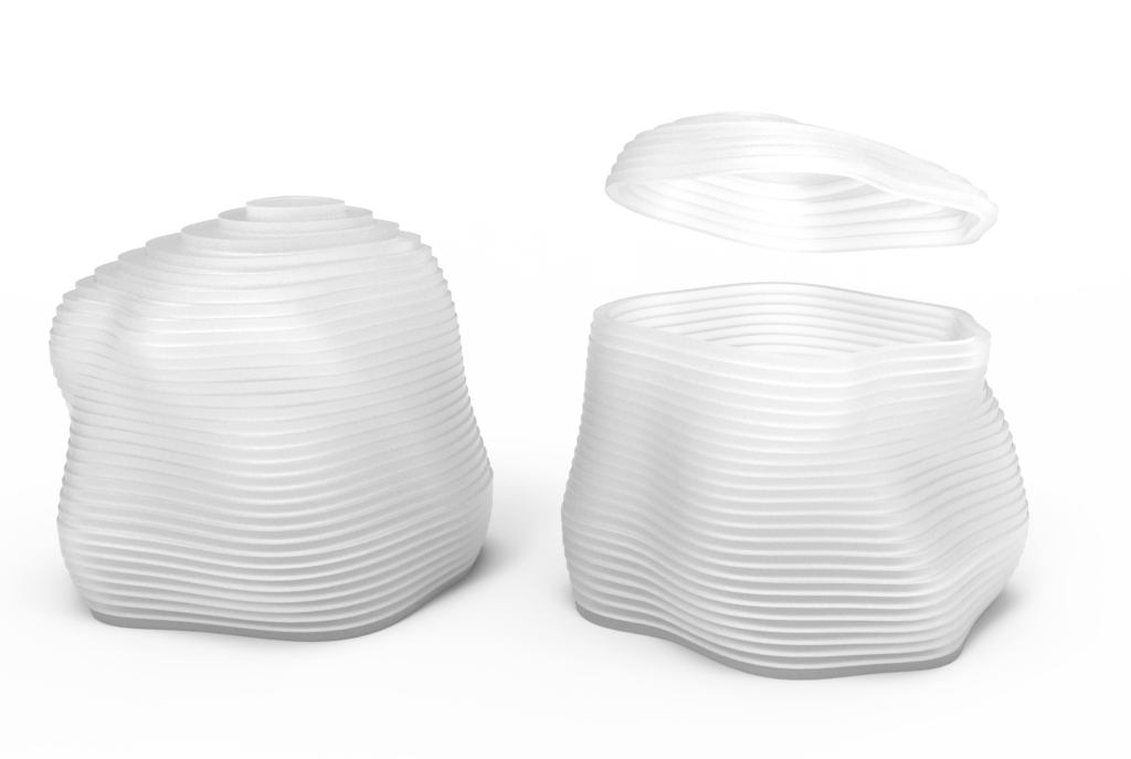 Render 3D de dos versiones del recipiente "cápsula del tiempo" con textura de capas onduladas: una cerrada y otra abierta, mostrando la tapa levitando sobre el cuerpo hueco.