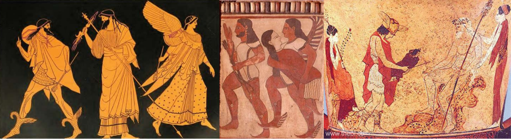 Tres ilustraciones de jarrones griegos de referencia, en tonos ocres y negros, mostrando figuras aladas y escenas mitológicas que inspiraron el diseño del trofeo.