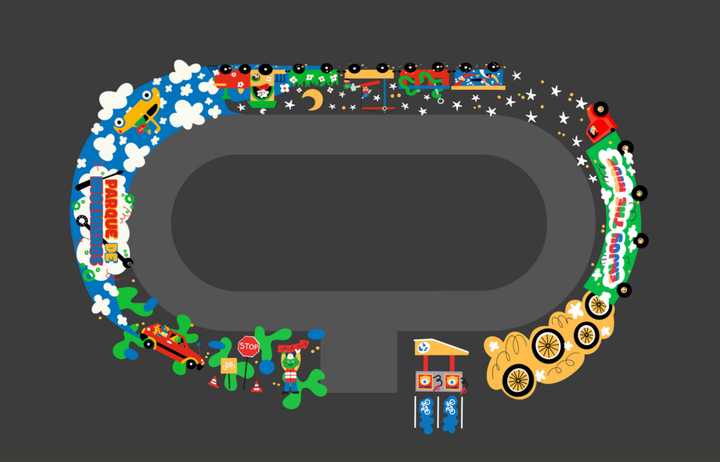 Boceto digital del diseño completo del pump track "Parque de Ingenieros", con el trazado del circuito en gris y las ilustraciones de coches, personajes, señales de tráfico y elementos decorativos distribuidas por todo su perímetro.