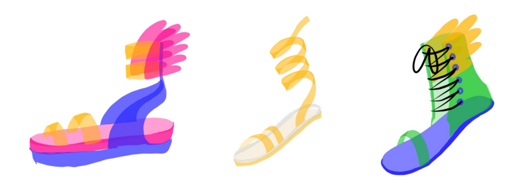 Tres bocetos digitales de sandalias aladas de colores (rosa, dorado y verde), cada una con distintos motivos de alas y cordones, como propuestas de diseño para el trofeo.