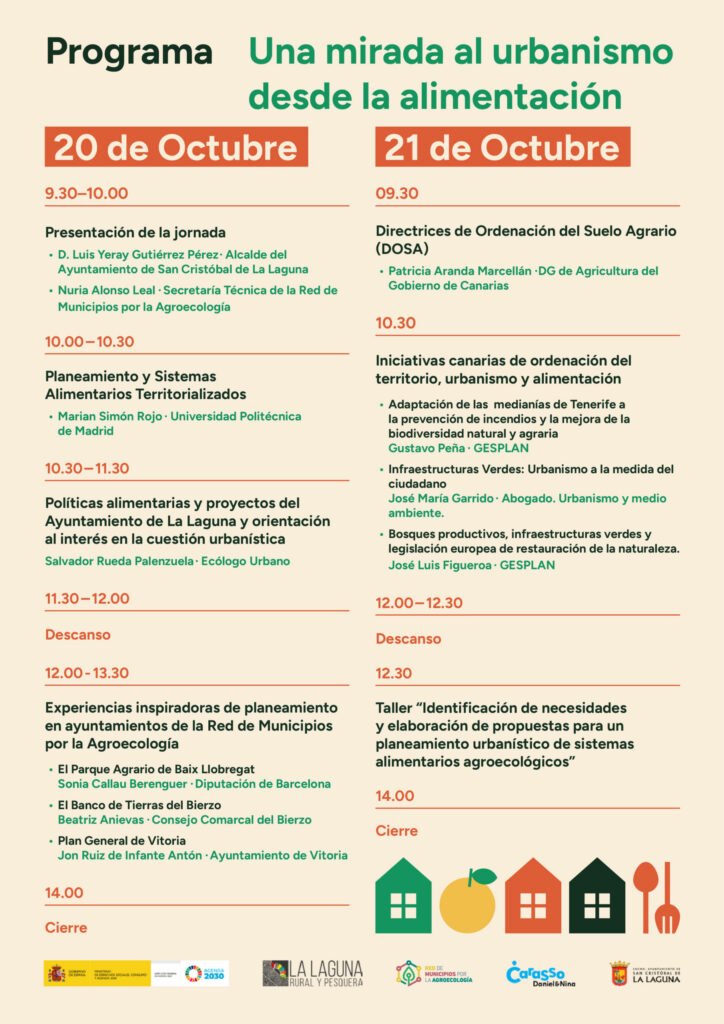 Cartel del programa completo del seminario, con el horario y ponentes de las jornadas del 20 y 21 de octubre repartidos en dos columnas, y la misma fila de iconos de casas y alimentos al pie.