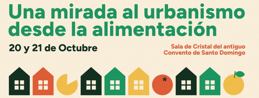 Tarjetón horizontal del mismo seminario, con el título, las fechas y el lugar en la parte superior y una fila de iconos de casas y alimentos en la parte inferior.