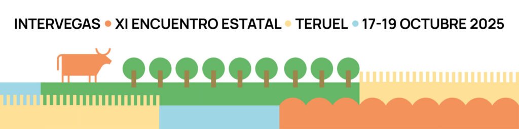 Banner horizontal del XI Encuentro Estatal Intervegas en Teruel, con la ilustración de una vaca y una hilera de árboles sobre franjas de terreno de colores.