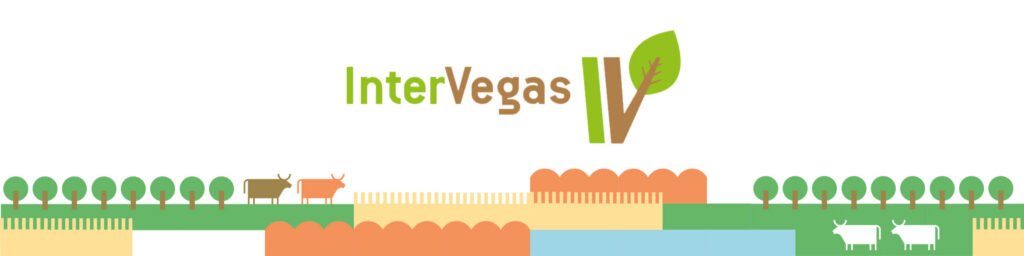 Banner con el logotipo de InterVegas centrado, formado por una V con una hoja, sobre la misma ilustración de vacas, ovejas y árboles en franjas de terreno.