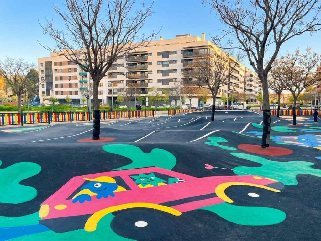 Suelo del pump track pintado con un coche rosa y personajes de dibujos animados asomados por sus ventanas, sobre un fondo de manchas verdes, con edificios y árboles sin hojas al fondo.