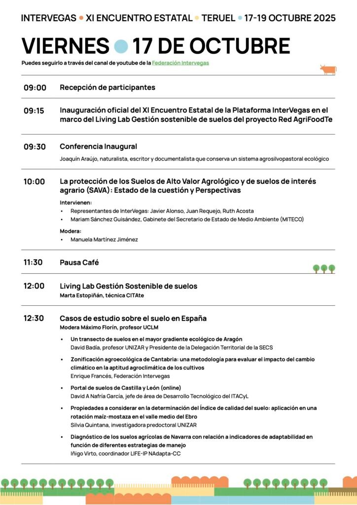 Página del programa del viernes 17 de octubre del XI Encuentro Estatal Intervegas, con el horario y los ponentes de cada sesión, y una franja ilustrada de terreno con árboles al pie.