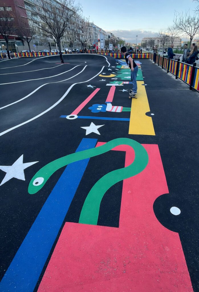 Un chico patina sobre el circuito junto a ilustraciones de una serpiente verde ondulante, un personaje azul y estrellas blancas repartidas sobre el asfalto negro.